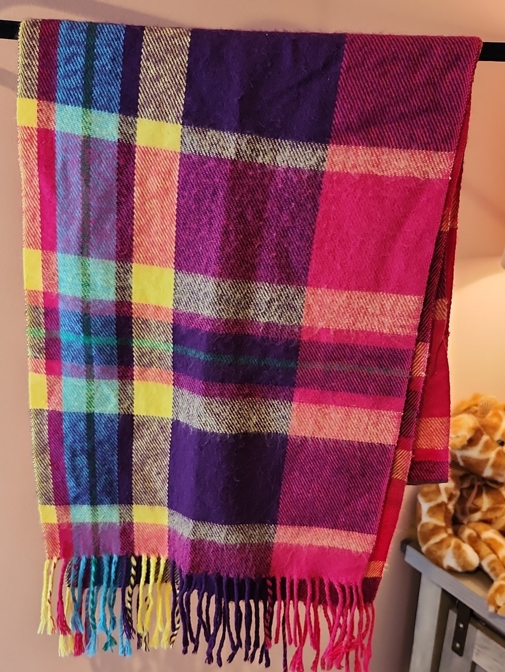 Colorful Plaid Fringe Scarf - Bright Multi